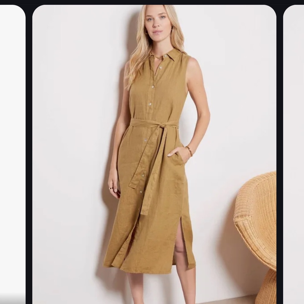Faherty Women’s Laguna Linen Button Down Shirt Dress, Small, olive/tan